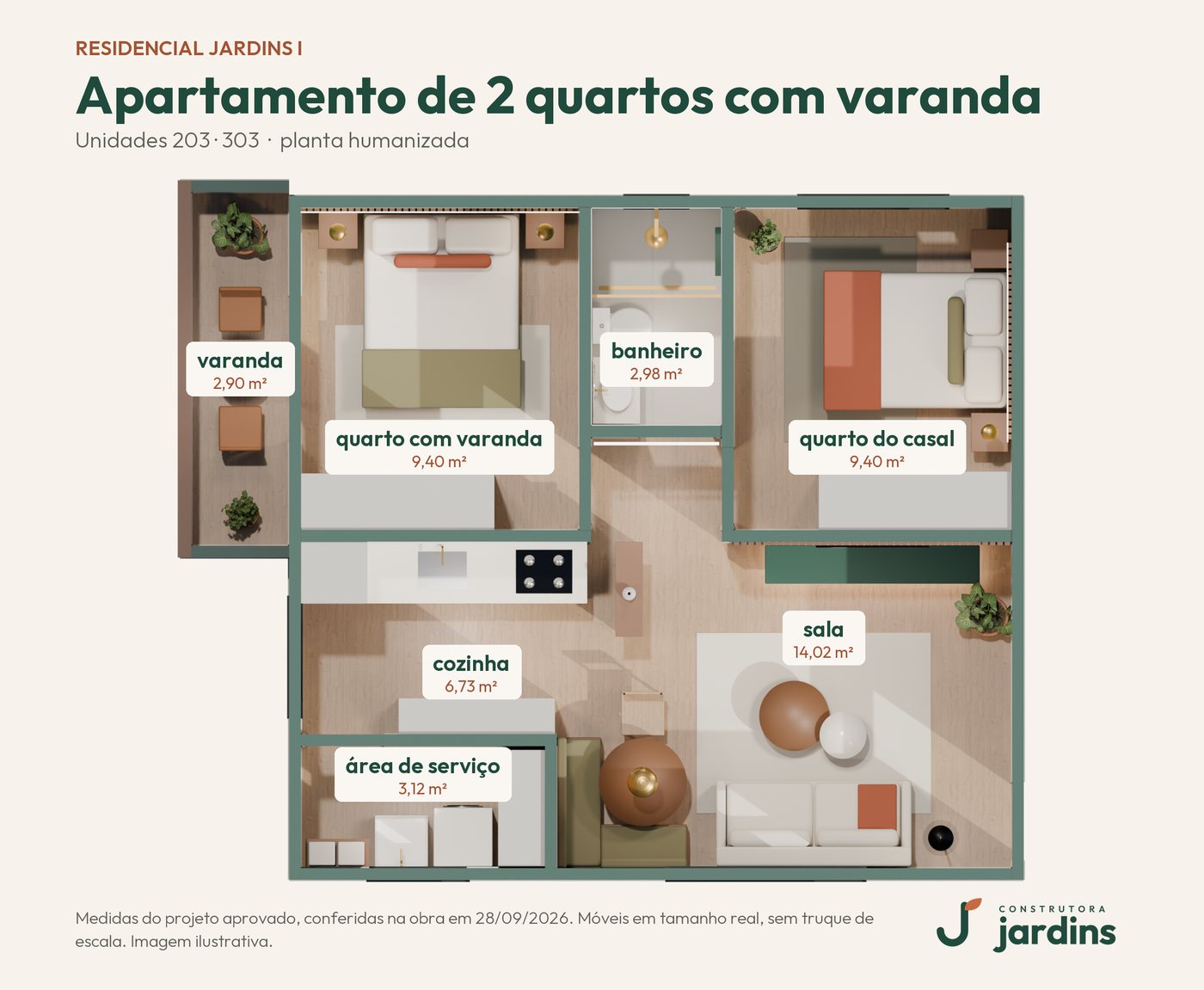 Planta do apartamento de 2 quartos com varanda