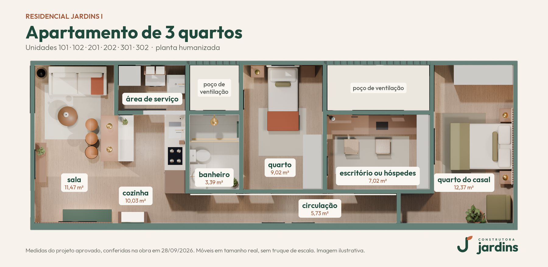 Planta do apartamento de 3 quartos